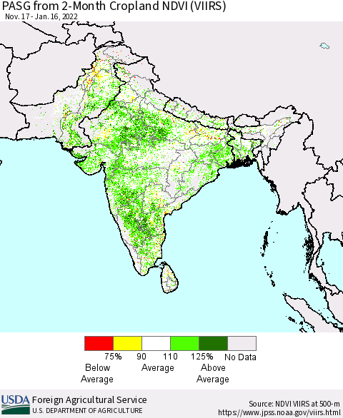 Southern Asia PASG from 2-Month Cropland NDVI (VIIRS) Thematic Map For 1/11/2022 - 1/20/2022