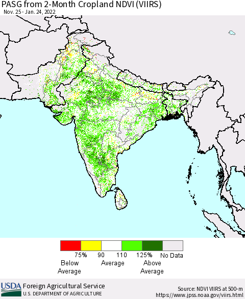 Southern Asia PASG from 2-Month Cropland NDVI (VIIRS) Thematic Map For 1/21/2022 - 1/31/2022