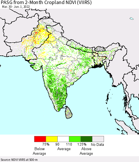Southern Asia PASG from 2-Month Cropland NDVI (VIIRS) Thematic Map For 5/25/2022 - 6/1/2022