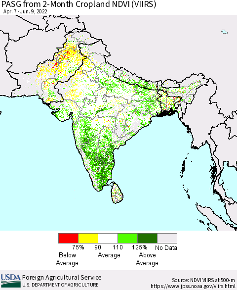 Southern Asia PASG from 2-Month Cropland NDVI (VIIRS) Thematic Map For 6/1/2022 - 6/10/2022