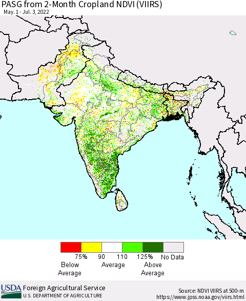 Southern Asia PASG from 2-Month Cropland NDVI (VIIRS) Thematic Map For 7/1/2022 - 7/10/2022