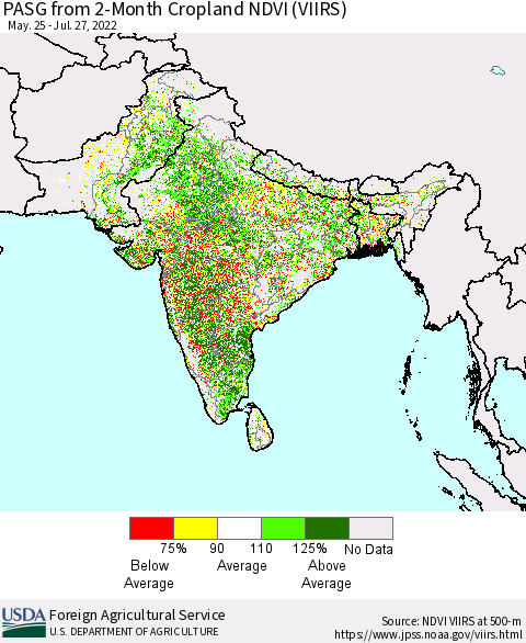 Southern Asia PASG from 2-Month Cropland NDVI (VIIRS) Thematic Map For 7/21/2022 - 7/31/2022