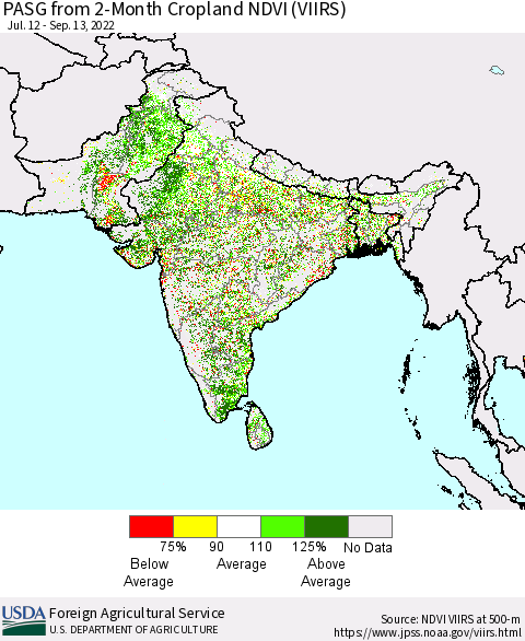 Southern Asia PASG from 2-Month Cropland NDVI (VIIRS) Thematic Map For 9/11/2022 - 9/20/2022