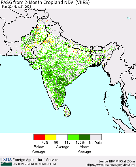Southern Asia PASG from 2-Month Cropland NDVI (VIIRS) Thematic Map For 5/21/2023 - 5/31/2023