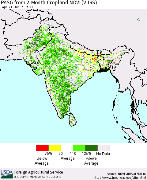 Southern Asia PASG from 2-Month Cropland NDVI (VIIRS) Thematic Map For 6/21/2023 - 6/30/2023
