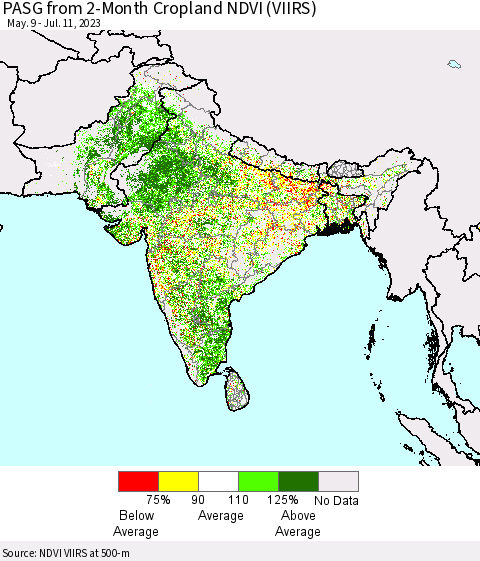Southern Asia PASG from 2-Month Cropland NDVI (VIIRS) Thematic Map For 7/4/2023 - 7/11/2023