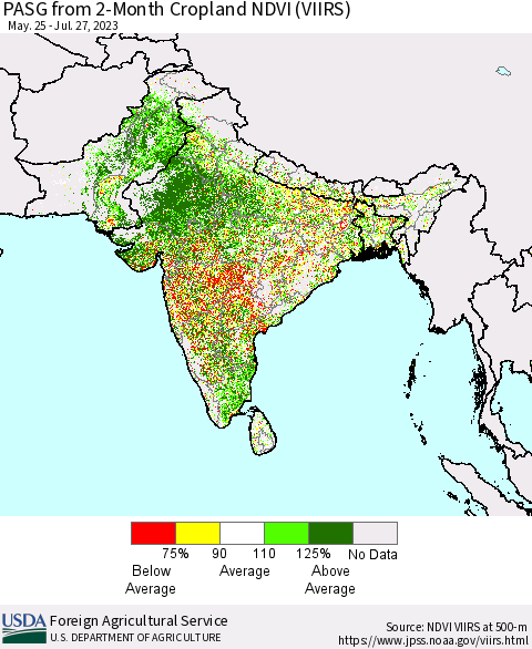 Southern Asia PASG from 2-Month Cropland NDVI (VIIRS) Thematic Map For 7/21/2023 - 7/31/2023
