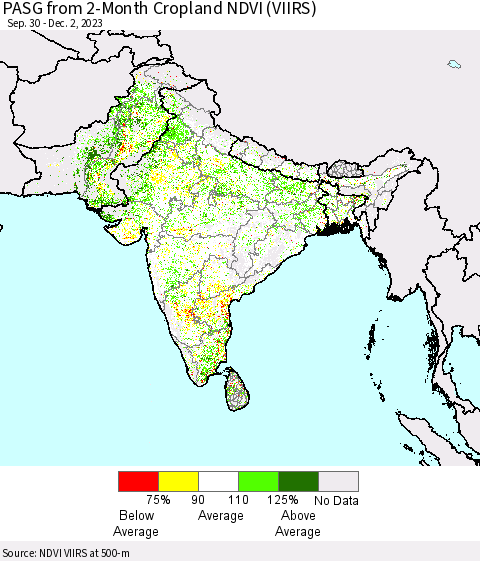 Southern Asia PASG from 2-Month Cropland NDVI (VIIRS) Thematic Map For 11/25/2023 - 12/2/2023