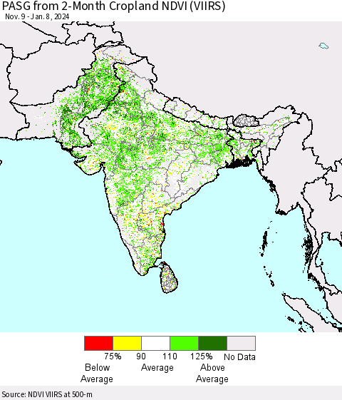 Southern Asia PASG from 2-Month Cropland NDVI (VIIRS) Thematic Map For 1/1/2024 - 1/8/2024