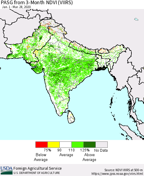 Southern Asia PASG from 3-Month NDVI (VIIRS) Thematic Map For 3/21/2020 - 3/31/2020