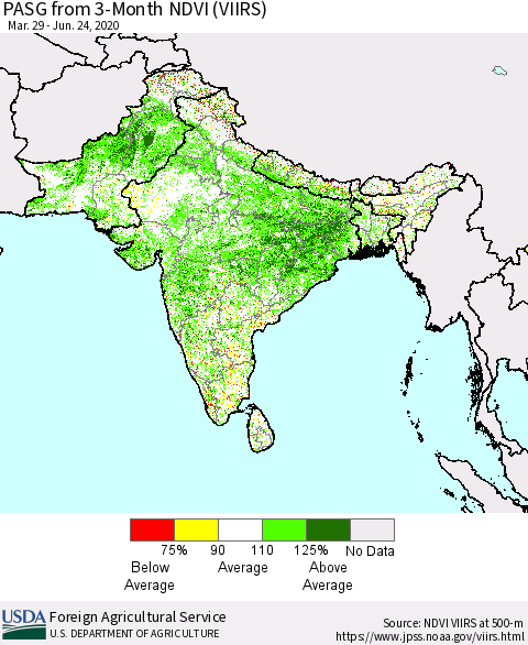Southern Asia PASG from 3-Month NDVI (VIIRS) Thematic Map For 6/21/2020 - 6/30/2020