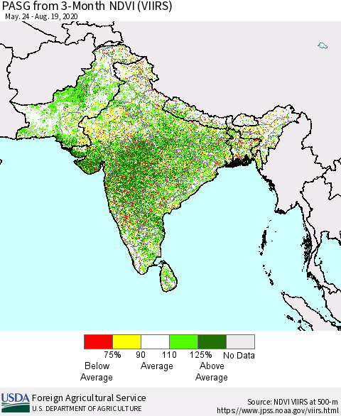 Southern Asia PASG from 3-Month NDVI (VIIRS) Thematic Map For 8/11/2020 - 8/20/2020