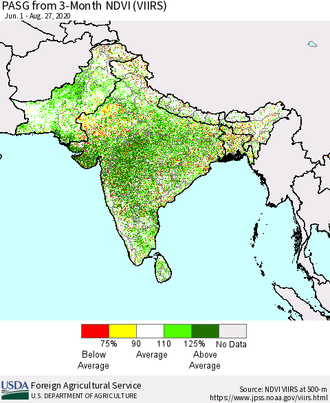 Southern Asia PASG from 3-Month NDVI (VIIRS) Thematic Map For 8/21/2020 - 8/31/2020
