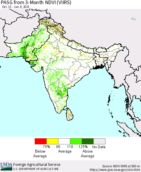 Southern Asia PASG from 3-Month NDVI (VIIRS) Thematic Map For 1/1/2021 - 1/10/2021