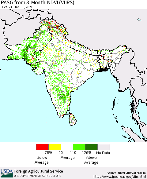 Southern Asia PASG from 3-Month NDVI (VIIRS) Thematic Map For 1/11/2021 - 1/20/2021