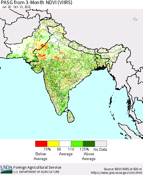 Southern Asia PASG from 3-Month NDVI (VIIRS) Thematic Map For 10/11/2021 - 10/20/2021