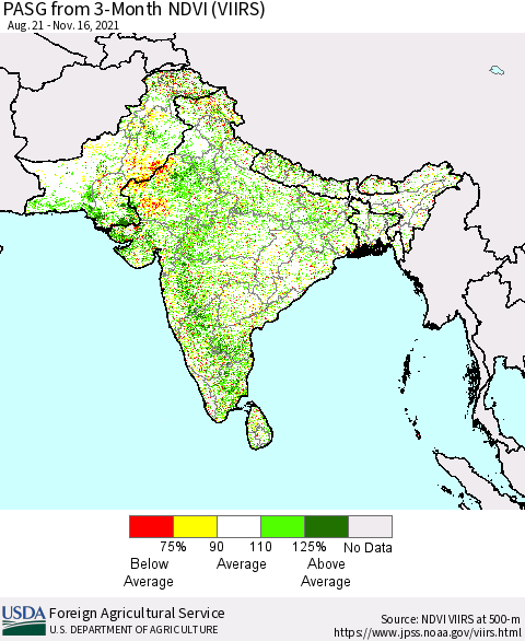 Southern Asia PASG from 3-Month NDVI (VIIRS) Thematic Map For 11/11/2021 - 11/20/2021