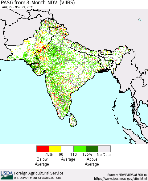 Southern Asia PASG from 3-Month NDVI (VIIRS) Thematic Map For 11/21/2021 - 11/30/2021