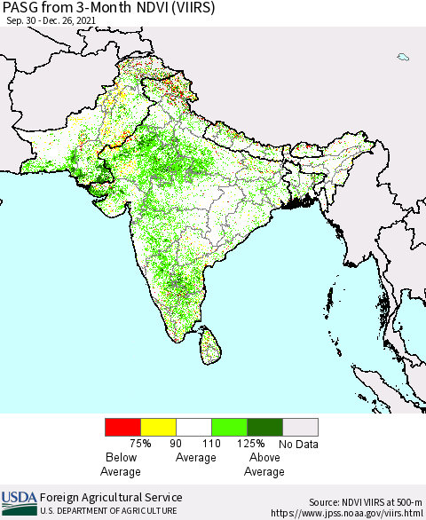 Southern Asia PASG from 3-Month NDVI (VIIRS) Thematic Map For 12/21/2021 - 12/31/2021