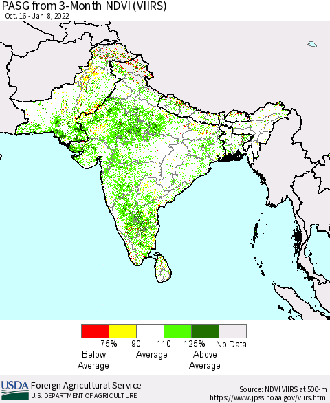 Southern Asia PASG from 3-Month NDVI (VIIRS) Thematic Map For 1/1/2022 - 1/10/2022