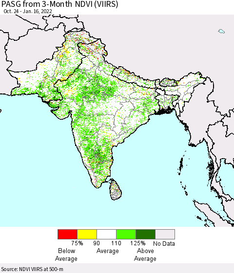Southern Asia PASG from 3-Month NDVI (VIIRS) Thematic Map For 1/9/2022 - 1/16/2022