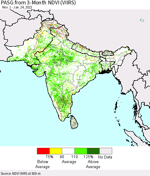 Southern Asia PASG from 3-Month NDVI (VIIRS) Thematic Map For 1/17/2022 - 1/24/2022