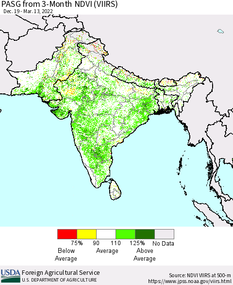 Southern Asia PASG from 3-Month NDVI (VIIRS) Thematic Map For 3/11/2022 - 3/20/2022