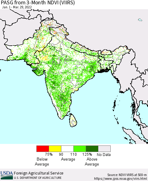 Southern Asia PASG from 3-Month NDVI (VIIRS) Thematic Map For 3/21/2022 - 3/31/2022