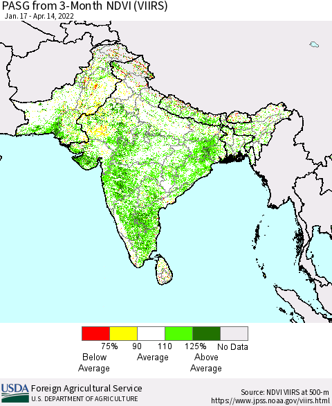 Southern Asia PASG from 3-Month NDVI (VIIRS) Thematic Map For 4/11/2022 - 4/20/2022