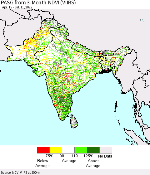 Southern Asia PASG from 3-Month NDVI (VIIRS) Thematic Map For 7/4/2022 - 7/11/2022