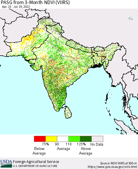 Southern Asia PASG from 3-Month NDVI (VIIRS) Thematic Map For 7/11/2022 - 7/20/2022