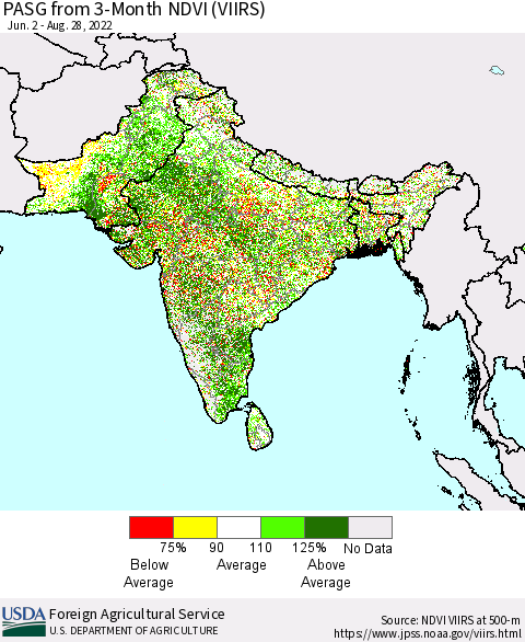 Southern Asia PASG from 3-Month NDVI (VIIRS) Thematic Map For 8/21/2022 - 8/31/2022