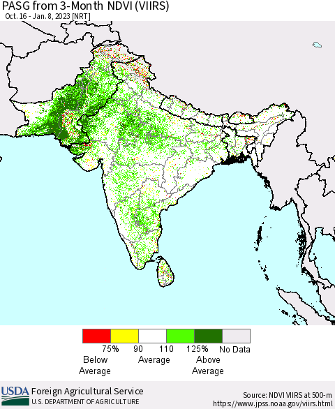Southern Asia PASG from 3-Month NDVI (VIIRS) Thematic Map For 1/1/2023 - 1/10/2023