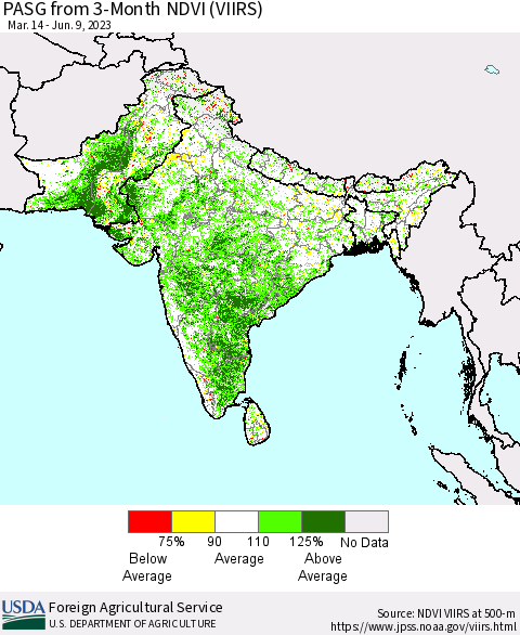 Southern Asia PASG from 3-Month NDVI (VIIRS) Thematic Map For 6/1/2023 - 6/10/2023