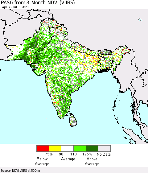 Southern Asia PASG from 3-Month NDVI (VIIRS) Thematic Map For 6/26/2023 - 7/3/2023