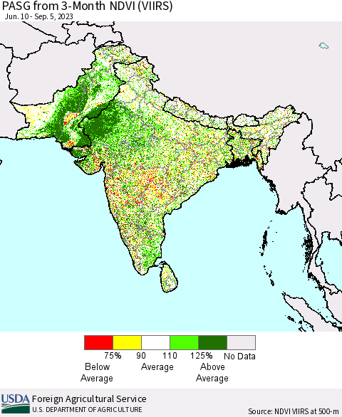 Southern Asia PASG from 3-Month NDVI (VIIRS) Thematic Map For 9/1/2023 - 9/10/2023