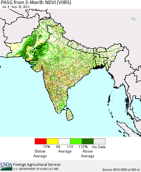 Southern Asia PASG from 3-Month NDVI (VIIRS) Thematic Map For 9/21/2023 - 9/30/2023