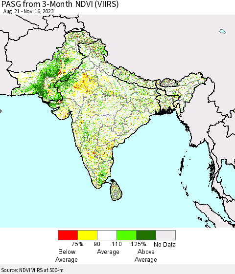 Southern Asia PASG from 3-Month NDVI (VIIRS) Thematic Map For 11/9/2023 - 11/16/2023