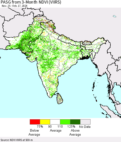 Southern Asia PASG from 3-Month NDVI (VIIRS) Thematic Map For 2/10/2024 - 2/17/2024