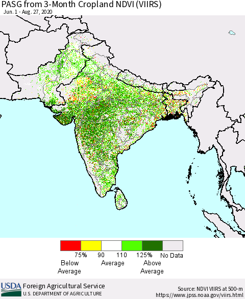 Southern Asia PASG from 3-Month Cropland NDVI (VIIRS) Thematic Map For 8/21/2020 - 8/31/2020