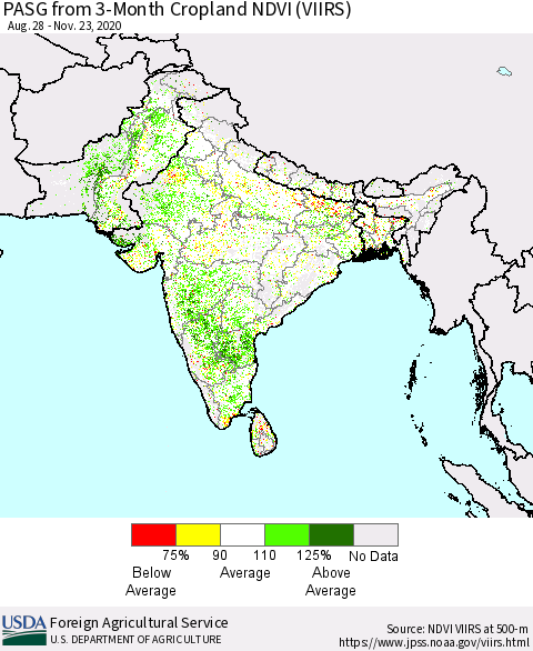 Southern Asia PASG from 3-Month Cropland NDVI (VIIRS) Thematic Map For 11/21/2020 - 11/30/2020