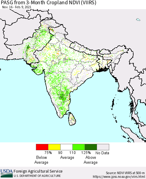 Southern Asia PASG from 3-Month Cropland NDVI (VIIRS) Thematic Map For 2/1/2021 - 2/10/2021
