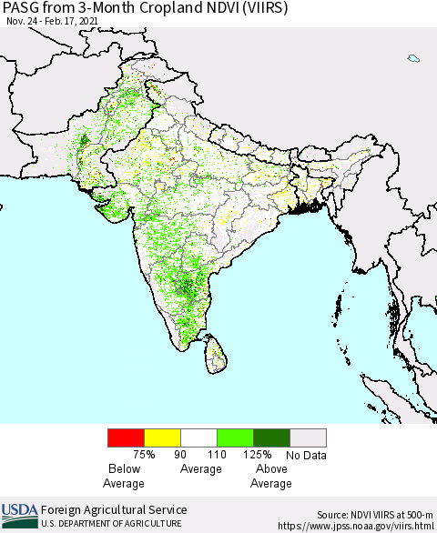 Southern Asia PASG from 3-Month Cropland NDVI (VIIRS) Thematic Map For 2/11/2021 - 2/20/2021