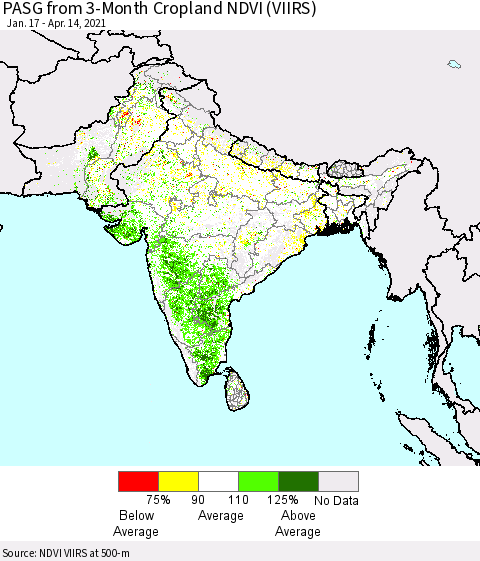 Southern Asia PASG from 3-Month Cropland NDVI (VIIRS) Thematic Map For 4/7/2021 - 4/14/2021