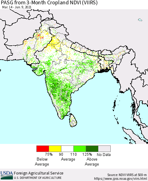 Southern Asia PASG from 3-Month Cropland NDVI (VIIRS) Thematic Map For 6/1/2021 - 6/10/2021