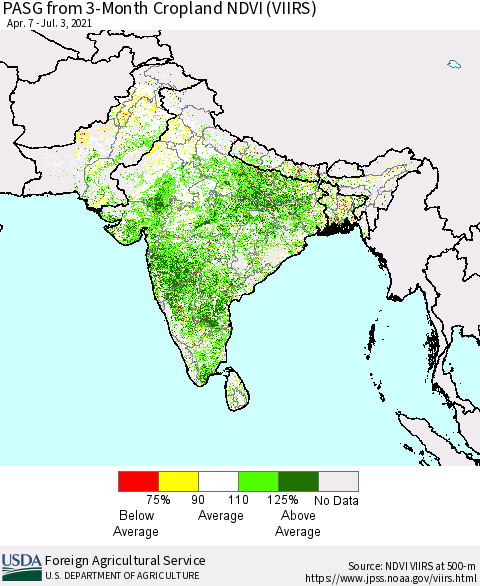 Southern Asia PASG from 3-Month Cropland NDVI (VIIRS) Thematic Map For 7/1/2021 - 7/10/2021