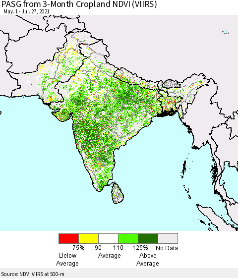 Southern Asia PASG from 3-Month Cropland NDVI (VIIRS) Thematic Map For 7/20/2021 - 7/27/2021