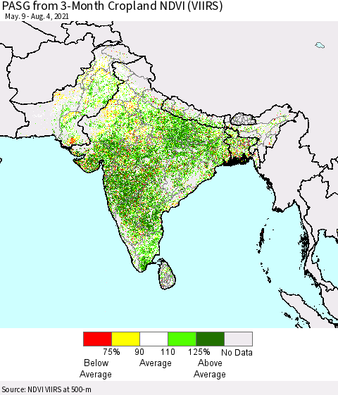Southern Asia PASG from 3-Month Cropland NDVI (VIIRS) Thematic Map For 7/28/2021 - 8/4/2021