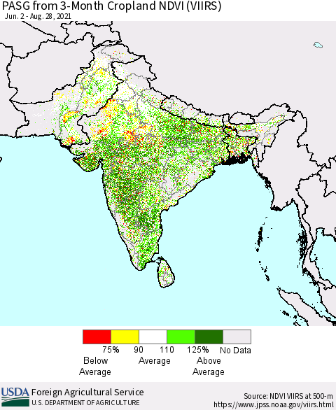 Southern Asia PASG from 3-Month Cropland NDVI (VIIRS) Thematic Map For 8/21/2021 - 8/31/2021