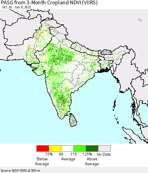 Southern Asia PASG from 3-Month Cropland NDVI (VIIRS) Thematic Map For 1/1/2022 - 1/8/2022